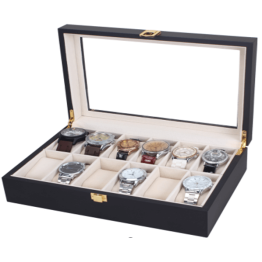 Дървена кутия за часовници W74, черен цвят, 12 гнезда