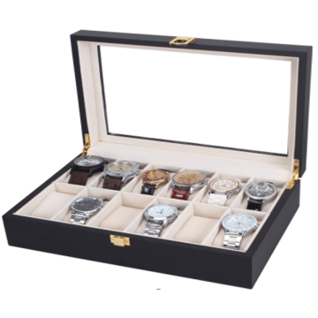 Дървена кутия за часовници W74, черен цвят, 12 гнезда